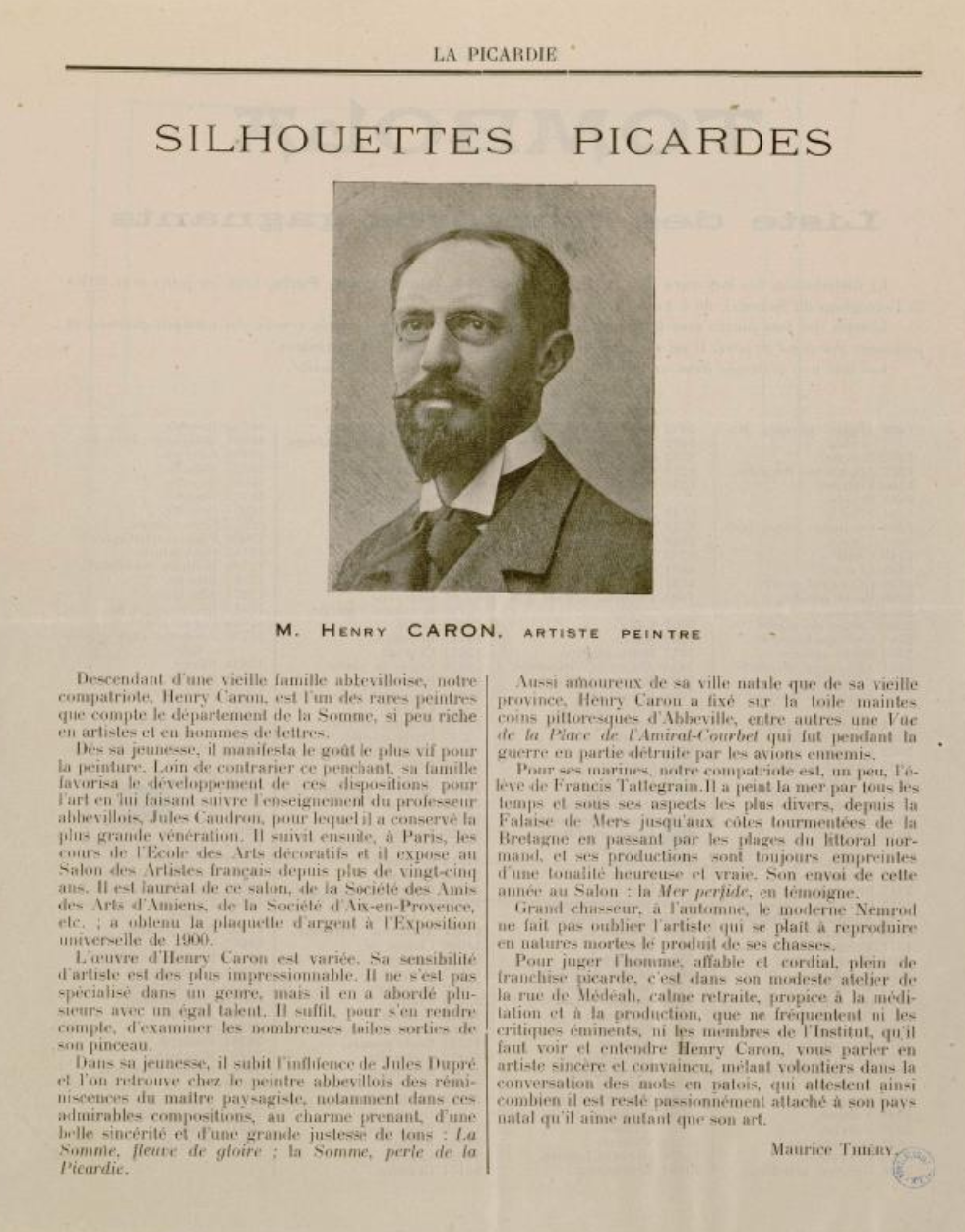 Article de presse de La Picardie avec photo d'Henry Caron